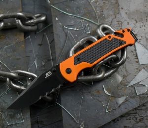 Cutit pliabil SOG Escape 2.0 Hi Viz Orange 11-52-02-43, lama Clip Point AUS-8 partial zimtata, taietor centura, spargator geam, maner aluminiu - Img 9