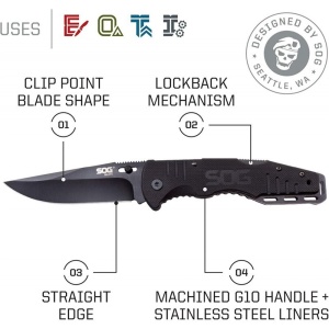 Cutit pliabil SOG Salute Black FF11-CP, lama 8Cr13MoV Black Oxide, Lockback, maner G10, EDC Tactical Folder - Img 21