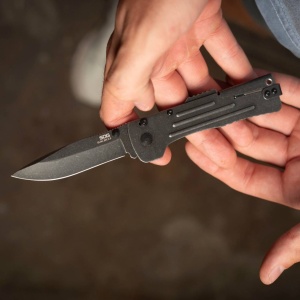 Cutit pliabil SOG SlimJim 2.0 Black SJ42-CP, lama Clip Point AUS-8, deschidere asistata S.A.T., Lockback, maner din otel inoxidabil, EDC Ultra Slim - Img 2