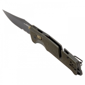 Cutit pliabil SOG Trident AT OD Green Serrated 11-12-11-41, lama Clip Point CRYO D2 partial zimtata, deschidere asistata, AT-XR Lock, taietor de centura, spargator geam, maner GRN OD Green - Img 2