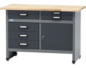 Banc de lucru 120 x 84 x 60 cm, 1 usa si 4 sertare, blat din lemn 3 cm, negru/gri antracit