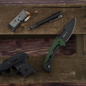 Cutit pliabil SOG Bulwark FLK OD Green, lama D2 Clip Point, Frame Lock, maner G10 verde OD - Img 7
