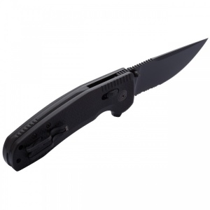 Cutit pliabil SOG-TAC XR Blackout Serrated 12-38-03-41, lama Clip Point CRYO D2 Black TiNi Partial Serrated, XR Lock, Flipper, Thumb Stud, maner G10 Black, EDC Tactical - Img 2