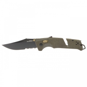 Cutit pliabil SOG Trident AT OD Green Serrated 11-12-11-41, lama Clip Point CRYO D2 partial zimtata, deschidere asistata, AT-XR Lock, taietor de centura, spargator geam, maner GRN OD Green - Img 3