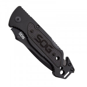 Cutit de salvare SOG Escape Black FF25-CP, lama 9Cr18MoV Black TiNi, Lockback, cutter centura, spargator geam, Rescue Knife - Img 9