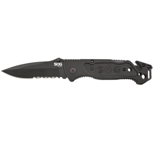 Cutit de salvare SOG Escape Black FF25-CP, lama 9Cr18MoV Black TiNi, Lockback, cutter centura, spargator geam, Rescue Knife