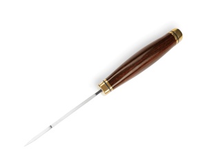 Cutit de vanatoare Buck 0191BRG-B Zipper, lama 10.5 cm cu guthook, maner lemn nuc si alama, teaca din piele - Img 2