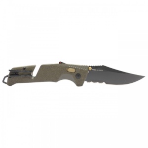 Cutit pliabil SOG Trident AT OD Green Serrated 11-12-11-41, lama Clip Point CRYO D2 partial zimtata, deschidere asistata, AT-XR Lock, taietor de centura, spargator geam, maner GRN OD Green - Img 4