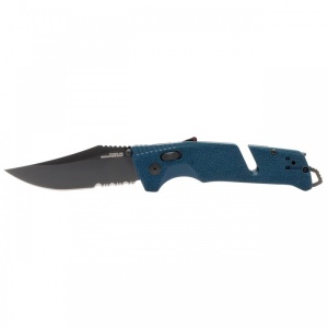 Cutit pliabil SOG Trident AT Uniform Blue Serrated 11-12-10-41, lama Clip Point CRYO D2 partial zimtata, deschidere asistata, AT-XR Lock, taietor de centura, spargator geam, maner GRN Uniform Blue - Img 4