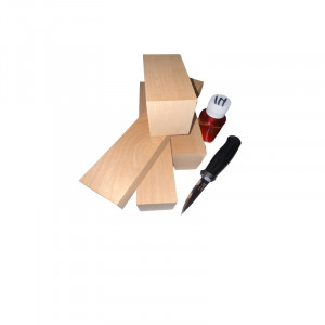 Set 4 blocuri din lemn de cires pentru cioplit cu 50 ml ulei in + cutit sculptura basic, Morakniv - Img 3