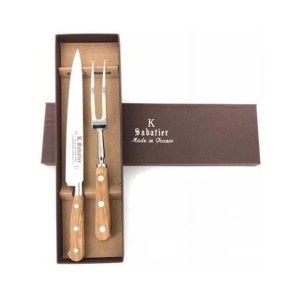 1110DECFOURCHCOL Set cutit si furculita curbata, maner din lemn de maslin, Olive, Sabatier Authentique - Img 1
