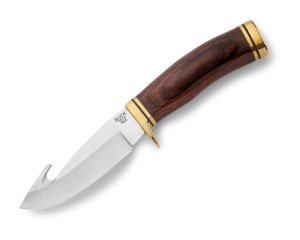 Cutit de vanatoare Buck 0191BRG-B Zipper, lama 10.5 cm cu guthook, maner lemn nuc si alama, teaca din piele