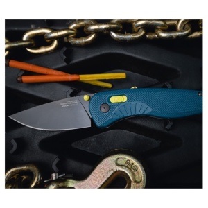 Cutit pliabil SOG Aegis AT Indigo Acid 11-41-03-41, lama Drop Point CRYO D2 Black TiNi, deschidere asistata S.A.T., AT-XR Lock, maner GRN Indigo & Acid Yellow, EDC Premium - Img 16