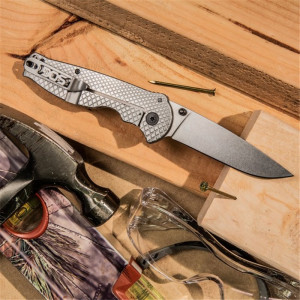 Cutit pliabil SOG Flash FL 14-18-01-57, lama Drop Point 8Cr13MoV, Frame Lock, maner integral din otel inoxidabil, EDC Folder - Img 11