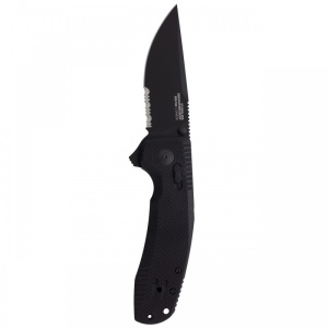 Cutit pliabil SOG-TAC XR Blackout Serrated 12-38-03-41, lama Clip Point CRYO D2 Black TiNi Partial Serrated, XR Lock, Flipper, Thumb Stud, maner G10 Black, EDC Tactical - Img 4