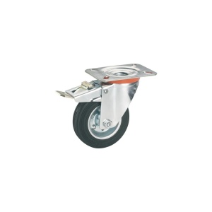 Roată pivotantă metalică & cauciuc plin Tarrox Ø125mm, placă fixare 105x80 mm, cu rulment și frană