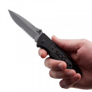 Cutit de salvare SOG Escape Bead Blasted FF24-CP, lama 9Cr18MoV, Lockback, cutter centura, spargator geam, Rescue Knife - Img 11