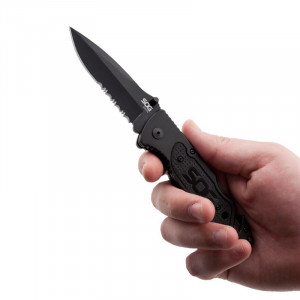 Cutit de salvare SOG Escape Black FF25-CP, lama 9Cr18MoV Black TiNi, Lockback, cutter centura, spargator geam, Rescue Knife - Img 11