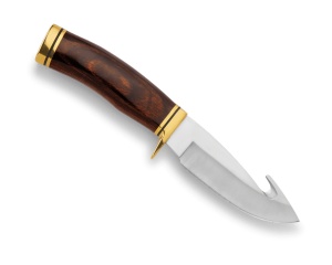 Cutit de vanatoare Buck 0191BRG-B Zipper, lama 10.5 cm cu guthook, maner lemn nuc si alama, teaca din piele - Img 4