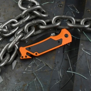 Cutit pliabil SOG Escape 2.0 Hi Viz Orange 11-52-02-43, lama Clip Point AUS-8 partial zimtata, taietor centura, spargator geam, maner aluminiu - Img 7