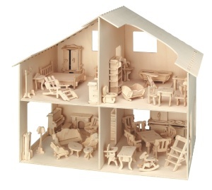 Set de constructie din lemn pentru casa de papusi cu mobilier, debitat cu laser Pebaro