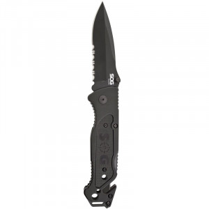 Cutit de salvare SOG Escape Black FF25-CP, lama 9Cr18MoV Black TiNi, Lockback, cutter centura, spargator geam, Rescue Knife - Img 12