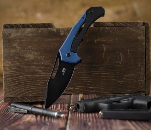 Cutit pliabil SOG Bulwark FL Blue, lama CRYO D2 Clip Point, Frame Lock, maner G10 albastru - Img 9