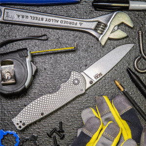 Cutit pliabil SOG Flash FL 14-18-01-57, lama Drop Point 8Cr13MoV, Frame Lock, maner integral din otel inoxidabil, EDC Folder - Img 16