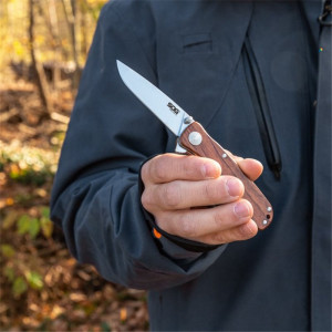 Cutit pliabil SOG Twitch II Wood TWI17-CP, lama Drop Point AUS-8 Satin, deschidere asistata S.A.T., Lockback, maner din lemn Rosewood, EDC Premium - Img 10