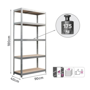 Raft metalic pentru depozitare 180 x 90 x 40 cm, 5 polite, 175 kg/polita, galvanizat - Img 2