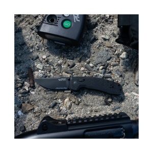 Cutit pliabil SOG-TAC XR Blackout Serrated 12-38-03-41, lama Clip Point CRYO D2 Black TiNi Partial Serrated, XR Lock, Flipper, Thumb Stud, maner G10 Black, EDC Tactical - Img 7