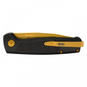 Cutit pliabil SOG Terminus SJ LTE Carbon Gold TM1007-BX, lama Drop Point CPM S35VN TiNi Gold, Slip Joint, Nail Nick, maner Carbon Fiber, EDC Premium - Img 7