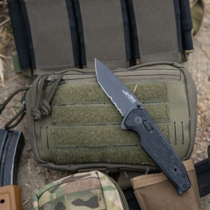 Cutit pliabil SOG Vision XR Serrated 12-57-02-57, lama Tanto CTS XHP Black TiNi Partial Serrated, XR Lock, Thumb Hole, maner G10 Black, EDC Tactical - Img 6