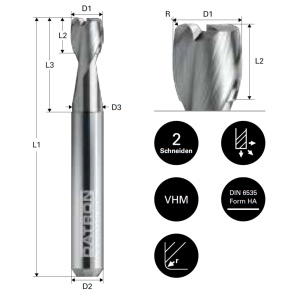 Freza de adancime si raza, 2 caneluri, Datron 0068080K, R 1.0, 8.0x12.0x8.0mm - Img 4