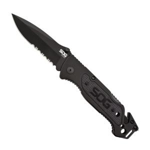 Cutit de salvare SOG Escape Black FF25-CP, lama 9Cr18MoV Black TiNi, Lockback, cutter centura, spargator geam, Rescue Knife - Img 14