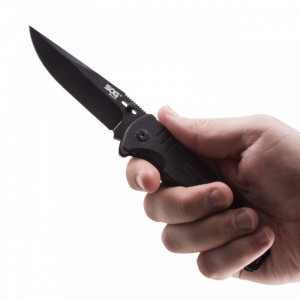 Cutit pliabil SOG Salute Black FF11-CP, lama 8Cr13MoV Black Oxide, Lockback, maner G10, EDC Tactical Folder - Img 9