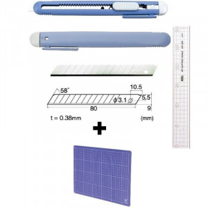 Set Cutter / cutit utilitar mic NT Cutter - 9mm + 10 lame de schimb + placa de taiere A4+ rigla 30cm - Img 1