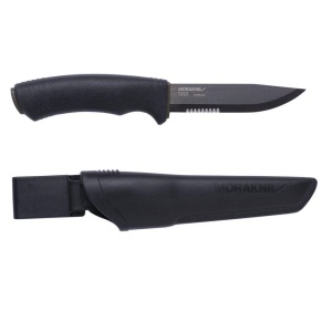 Cutit Bushcraft BlackBlade SRT (S) cu lama partial dintata, otel inoxidabil Suedez 12C27, acoperire DLC, Morakniv