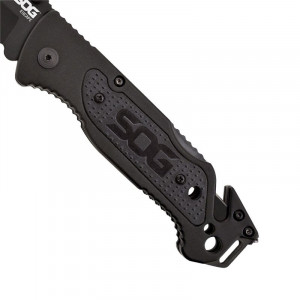 Cutit de salvare SOG Escape Black FF25-CP, lama 9Cr18MoV Black TiNi, Lockback, cutter centura, spargator geam, Rescue Knife - Img 5