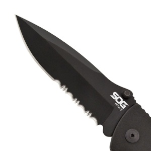 Cutit de salvare SOG Escape Black FF25-CP, lama 9Cr18MoV Black TiNi, Lockback, cutter centura, spargator geam, Rescue Knife - Img 15