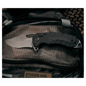 Cutit pliabil SOG Kiku XR LTE Black 12-37-04-57, lama Drop Point CRYO CTS XHP Titanium Nitride, XR Lock, Thumb Stud, maner Black Micarta cu liner-e Carbon Fiber, EDC Outdoor - Img 9