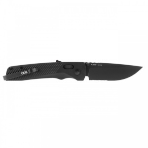 Cutit pliabil SOG Flash AT Blackout Serrated 11-18-02-41, lama Drop Point partial zimtata CRYO D2 Black TiNi, deschidere asistata S.A.T., AT-XR Lock, maner GRN Black