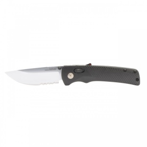 Cutit pliabil SOG Flash AT Satin Black Serrated 11-18-15-41, lama Drop Point CRYO D2 partial zimtata, deschidere asistata, AT-XR Lock, maner GRN negru, EDC Premium - Img 4
