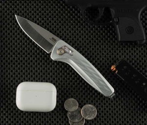 Cutit pliabil SOG One-Zero AU Silver Chrome 15-73-03-57, lama Cryo CPM S35VN, XR Lock, maner din aluminiu, EDC Premium - Img 8
