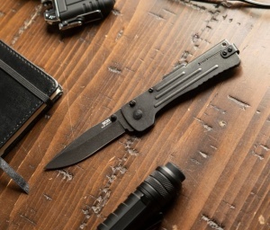 Cutit pliabil SOG SlimJim 2.0 Black SJ42-CP, lama Clip Point AUS-8, deschidere asistata S.A.T., Lockback, maner din otel inoxidabil, EDC Ultra Slim - Img 5