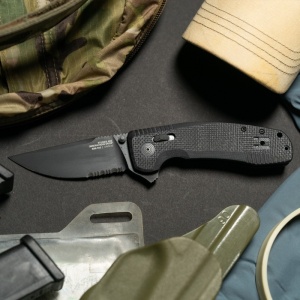 Cutit pliabil SOG-TAC XR Blackout Serrated 12-38-03-41, lama Clip Point CRYO D2 Black TiNi Partial Serrated, XR Lock, Flipper, Thumb Stud, maner G10 Black, EDC Tactical - Img 10