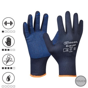 Gebol 709428_09, Manusi de protectie Blue Grip, din nylon, poliacrilic si bumbac, acoperire cu puncte din PVC, uz profesional, marimea 9/L