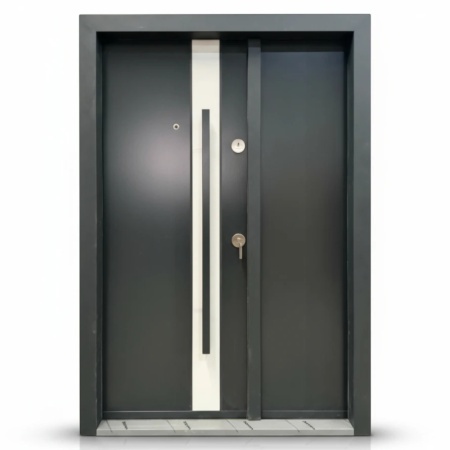 Usa metalica dubla de exterior cu izolatie si vizor Novo Doors NDA1D, Din compozit, 2 yale, Kit complet, Pentru case, Gri antracit cu gri deschis (Dimensiune: 120 cm, Sens deschidere: Stanga)