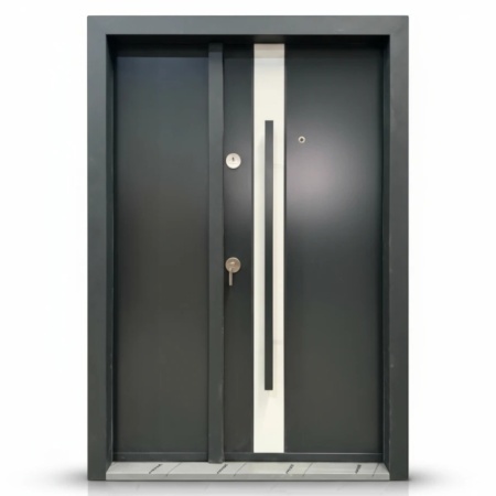 Usa metalica dubla de exterior cu izolatie si vizor Novo Doors NDA1D, Din compozit, 2 yale, Kit complet, Pentru case, Gri antracit cu gri deschis (Dimensiune: 120 cm, Sens deschidere: Dreapta)