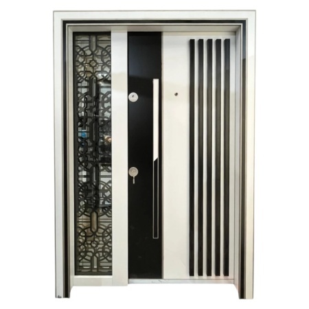 Usa metalica dubla de exterior cu izolatie si vizor Novo Doors NDS1000, Din compozit, 2 yale, Kit complet, Pentru case (Sens deschidere: Dreapta, Culoare: Alb cu Negru)